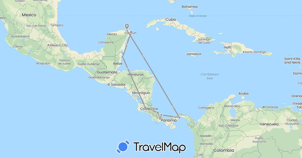 TravelMap itinerary: driving, plane in Belize, Costa Rica, Mexico, Panama (North America)